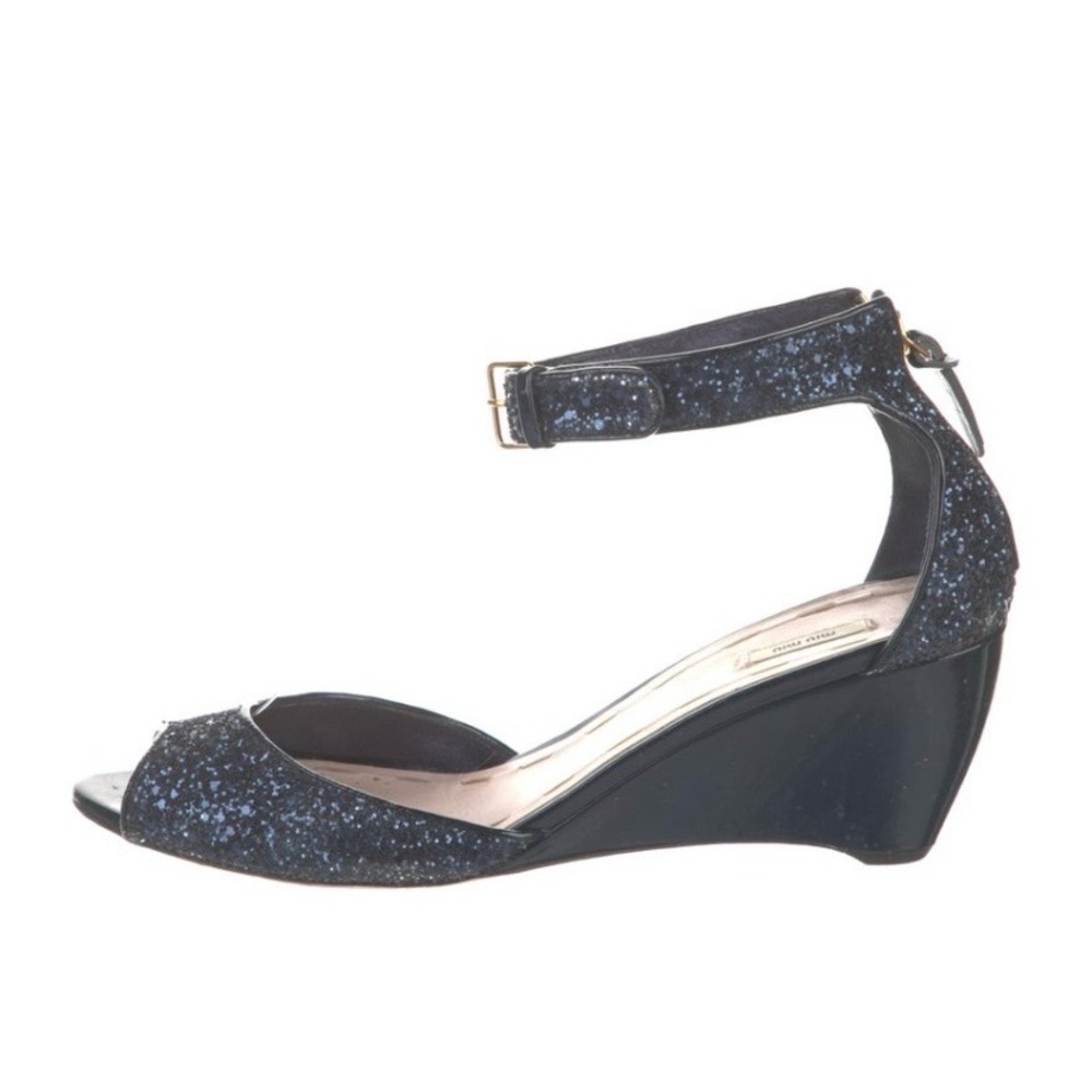 Miu Miu Navy Glitter Ankle-Strap Wedge Sandals